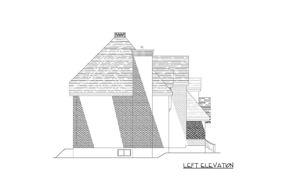 Left elevation drawing of a house plan, showing a multi-story structure with a prominent pitched roof, brick detailing, and dormer.