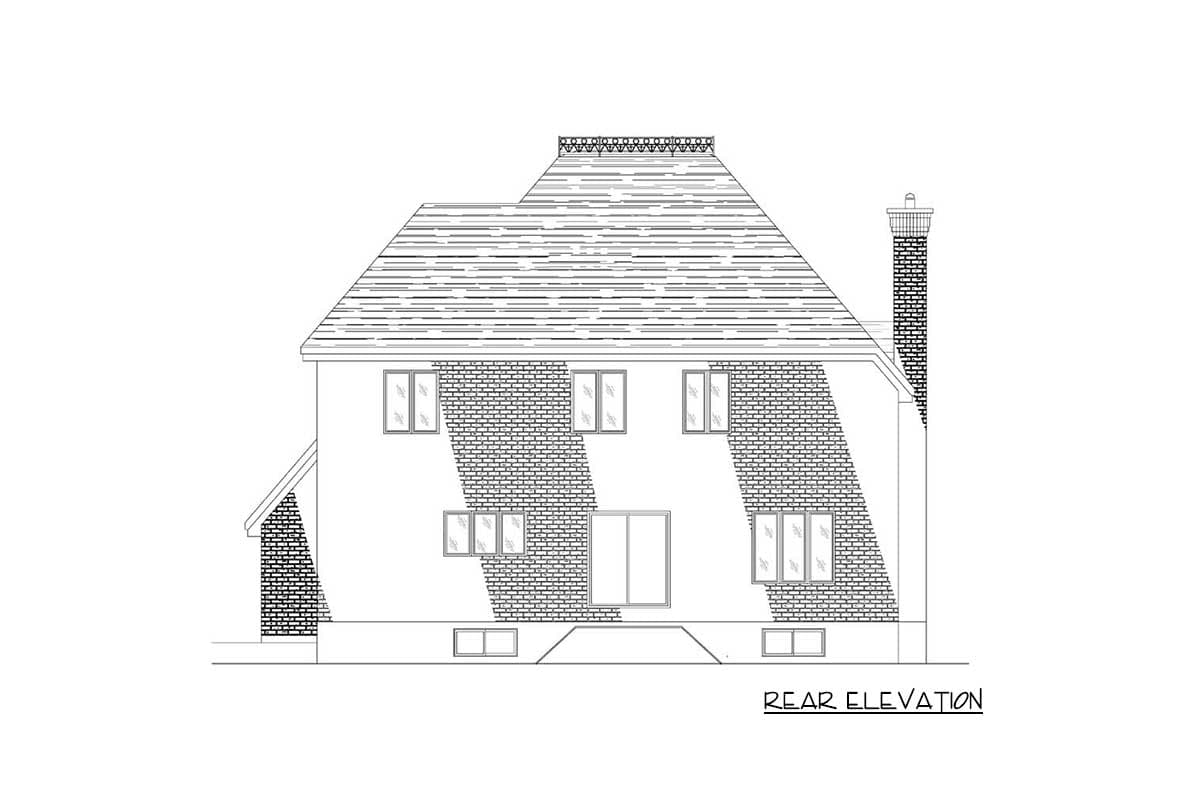 Rear elevation drawing of a house plan showing a prominent roofline, multiple windows, brick detailing, and a chimney.
