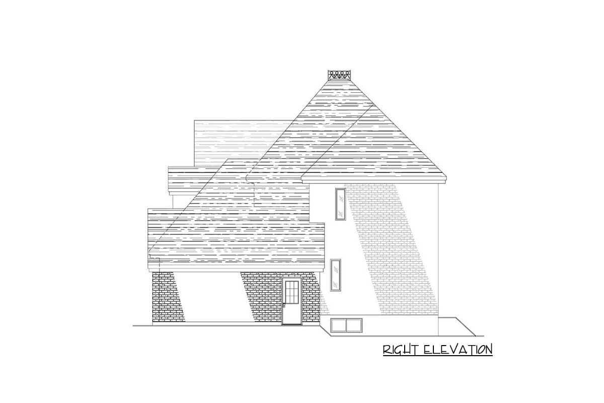 Right elevation drawing of a house plan showing gabled rooflines, brick accents, a covered entryway, and a decorative chimney.