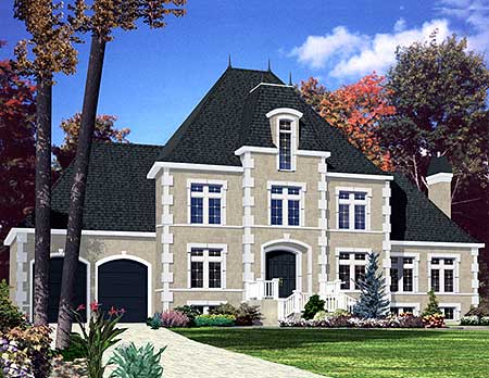 House plan exterior: French Provincial style, two stories, mansard roof, quoins, arched entryway, and attached garage.