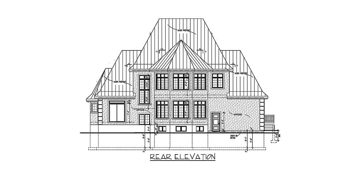 Rear elevation drawing of a house plan showing multiple stories, complex rooflines, and numerous windows.