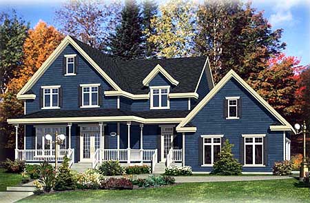 House plan exterior: two-story blue home with wrap-around porch, gables, dormers, and multi-pane windows.