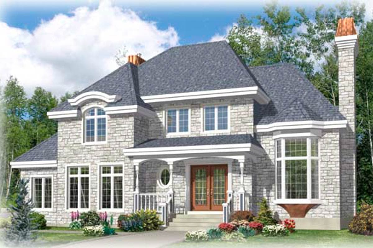 House plan exterior: Two-story stone home with covered porch, dormer window, bay window, and prominent chimney.