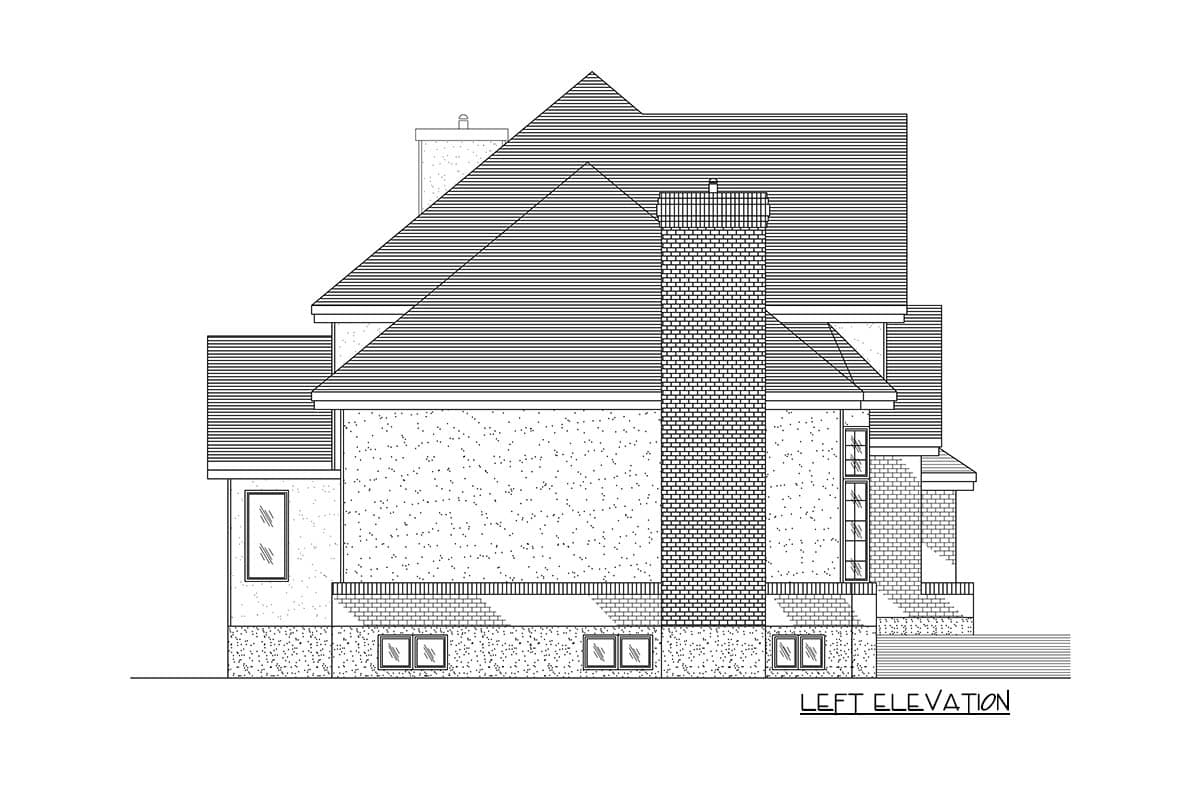 Left elevation house plan with brick chimney, multi-level rooflines, and varied window styles.