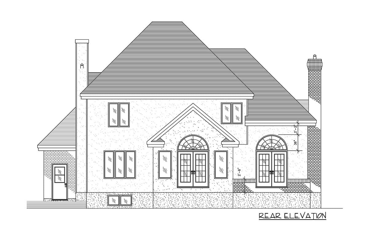 Rear elevation drawing of a two-story house plan featuring a prominent roofline, arched French doors, multiple windows, and brick chimneys.