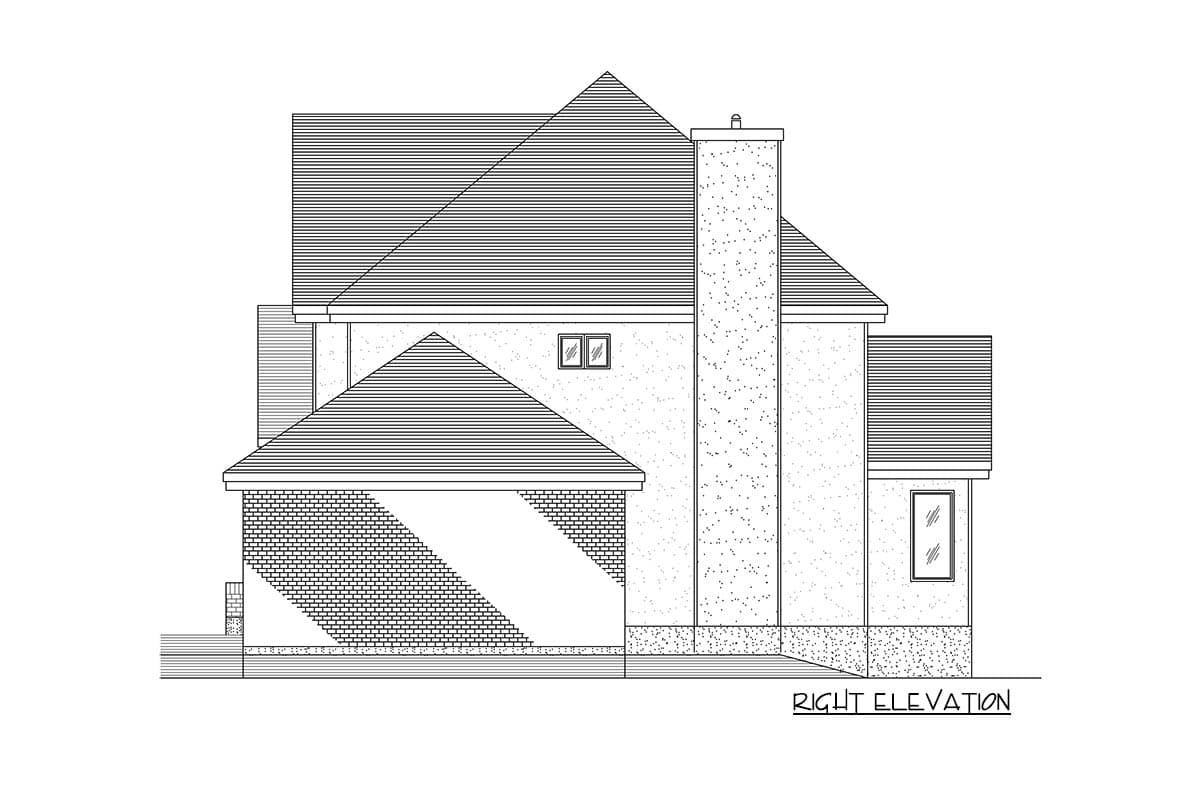 Right elevation of a house plan showing a brick base, gabled rooflines, and a prominent stone chimney.