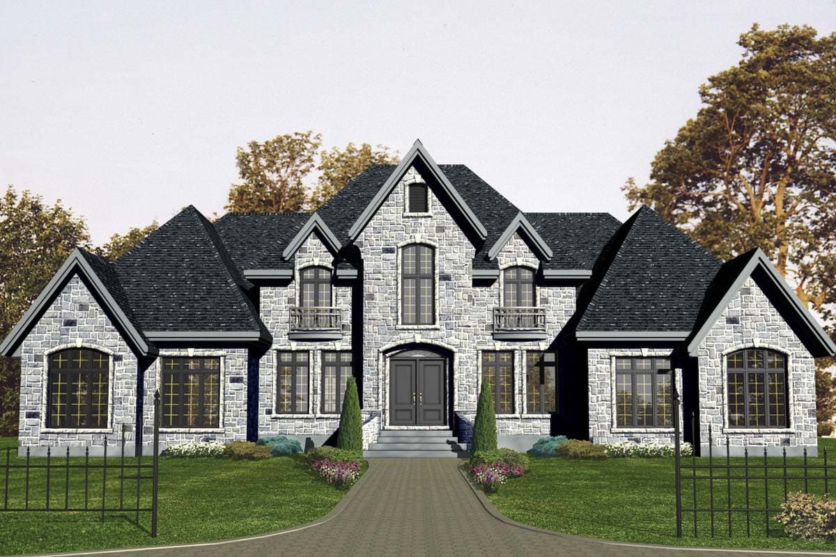 Two-story house plan exterior with stone facade, multiple gables, arched windows, and balconies.