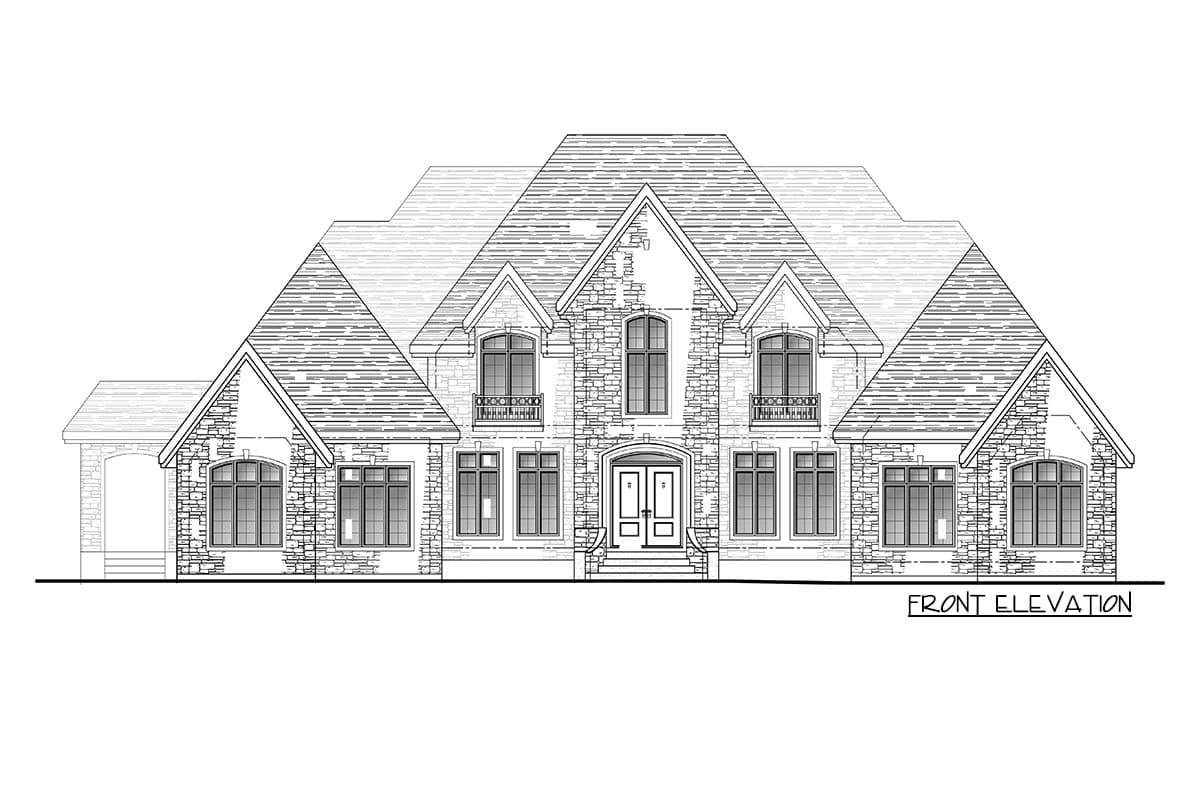 Front elevation drawing of a two-story house with multiple gables, stone facade, arched windows, and attached garage.
