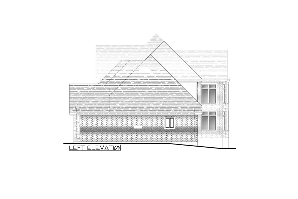 Left elevation house plan drawing showing brick exterior, multi-story structure, and complex rooflines with dormers.