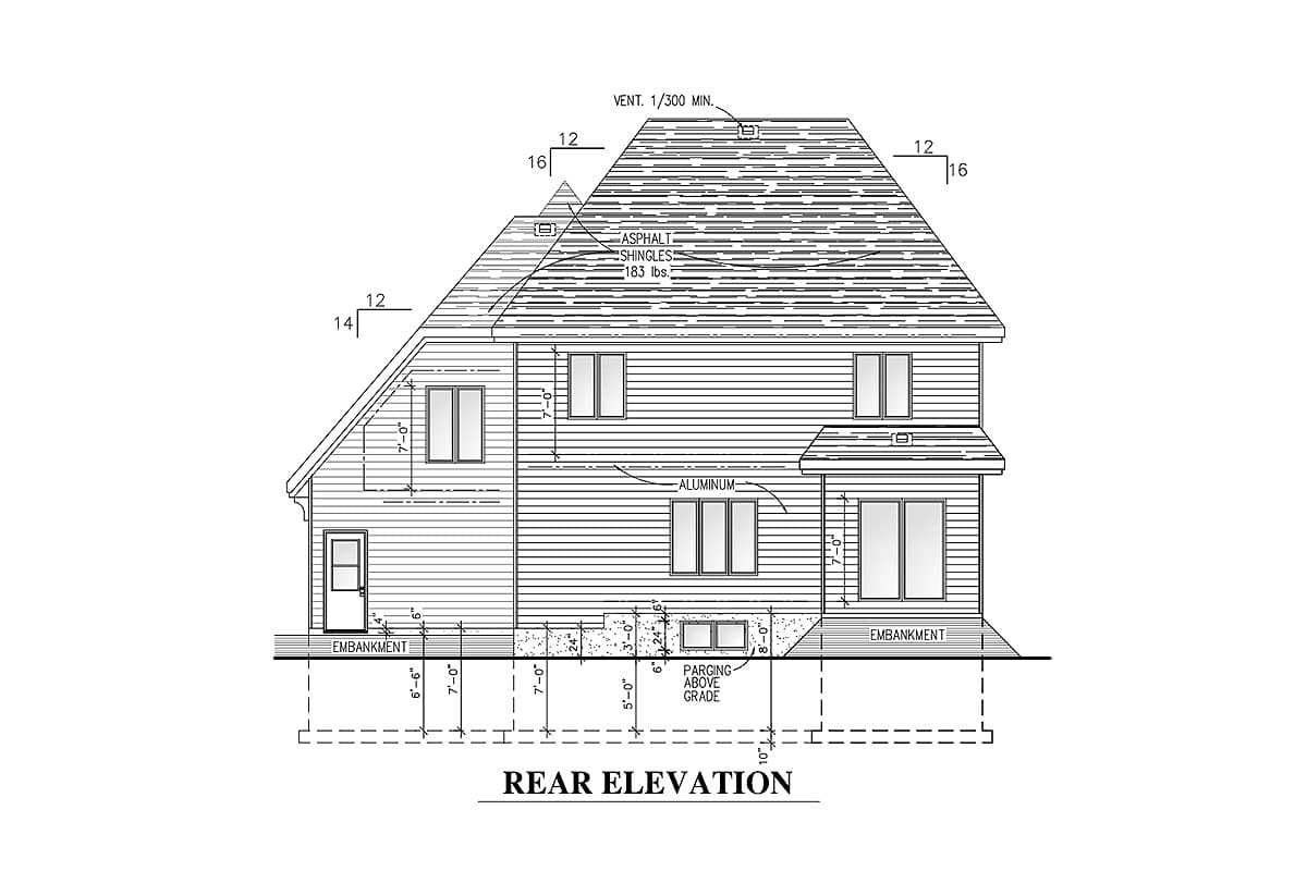 Rear elevation house plan drawing showing two stories, asphalt shingles, aluminum siding, and embankment.