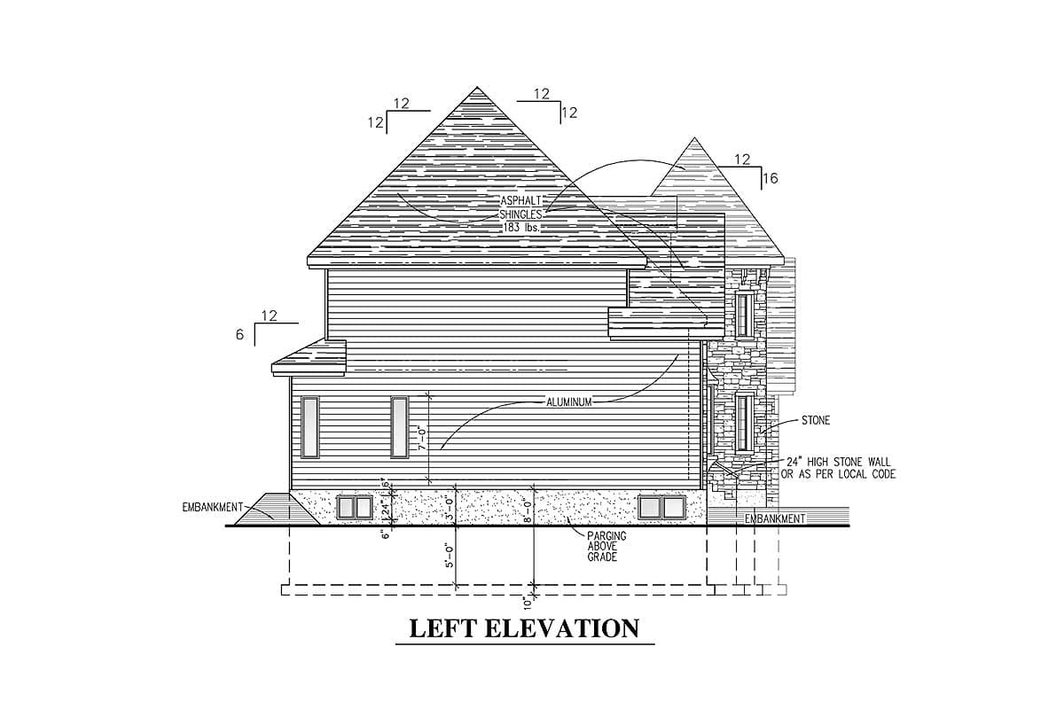 Left elevation house plan showing asphalt shingles, aluminum siding, stone accents, and embankment.