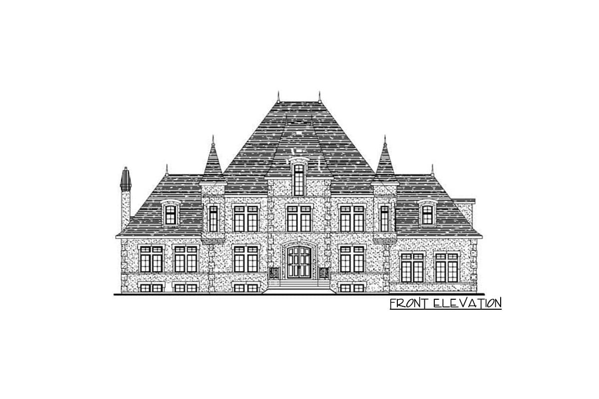 Front elevation drawing of a multi-story house with mansard roof, dormers, turrets, and stone facade.