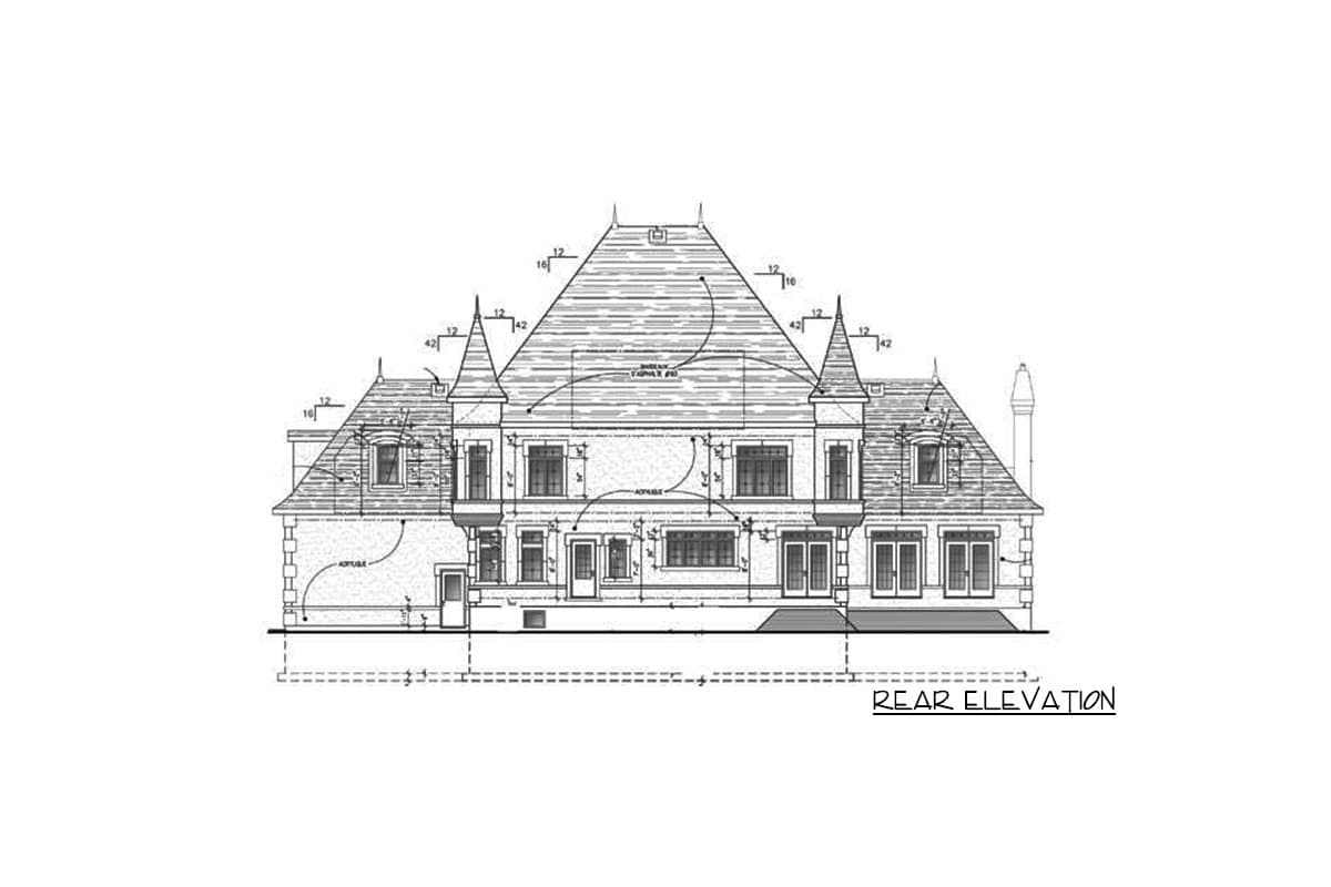 Rear elevation drawing of a house plan with multiple gables, dormers, and a mansard roof.