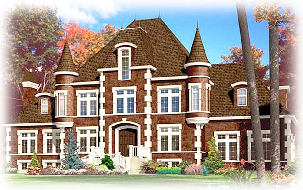 House plan exterior of a two-story French Renaissance style home with multiple gables, conical towers, and a central arched entryway.