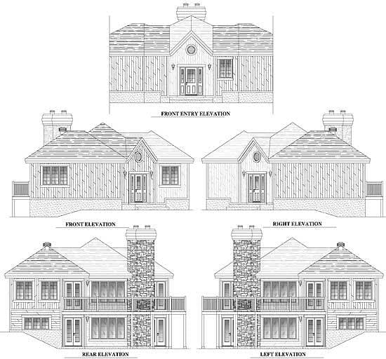 Architectural house plan elevations: front entry, front, right, rear, and left views. Features include gables, chimneys, and balconies.