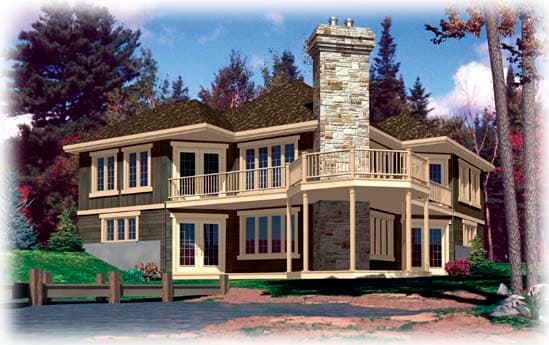 House plan exterior with two stories, stone chimney, balcony, and gabled roofline. Features include columns, and multiple windows with trim.