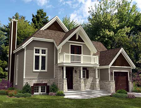 House plan exterior: Two-story home with stone base, siding, gables, prominent chimney, and second-story balcony.