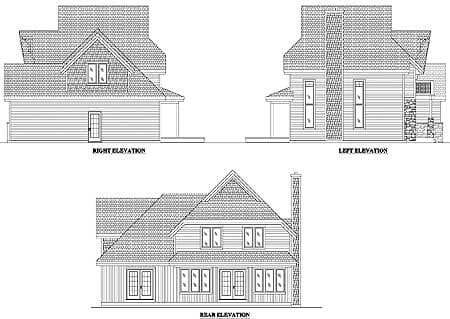 House plan elevations: right, left, and rear views showing multiple gables, dormers, and a prominent chimney.