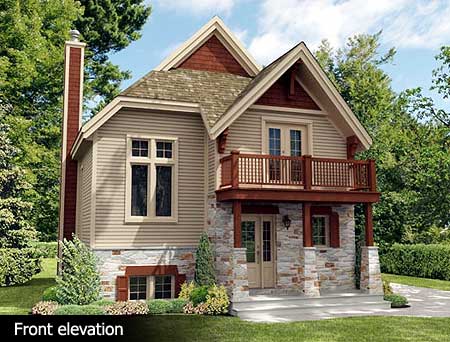 Front elevation of a two-story house plan with stone base, balcony, prominent gable, and tall chimney.