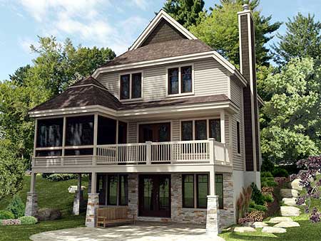 House plan exterior: Two-story home with hip roof, screened porch, balcony, stone foundation, and prominent chimney.