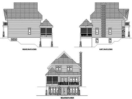 House plan elevations: right, left, and rear views showing multiple stories, gabled roof, stone accents, and screened porch.