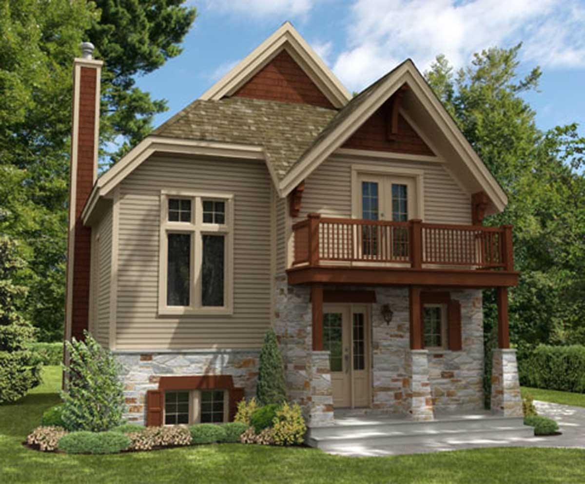 House plan exterior: Two-story home with stone lower level, second-story balcony, gabled dormer, and prominent chimney.