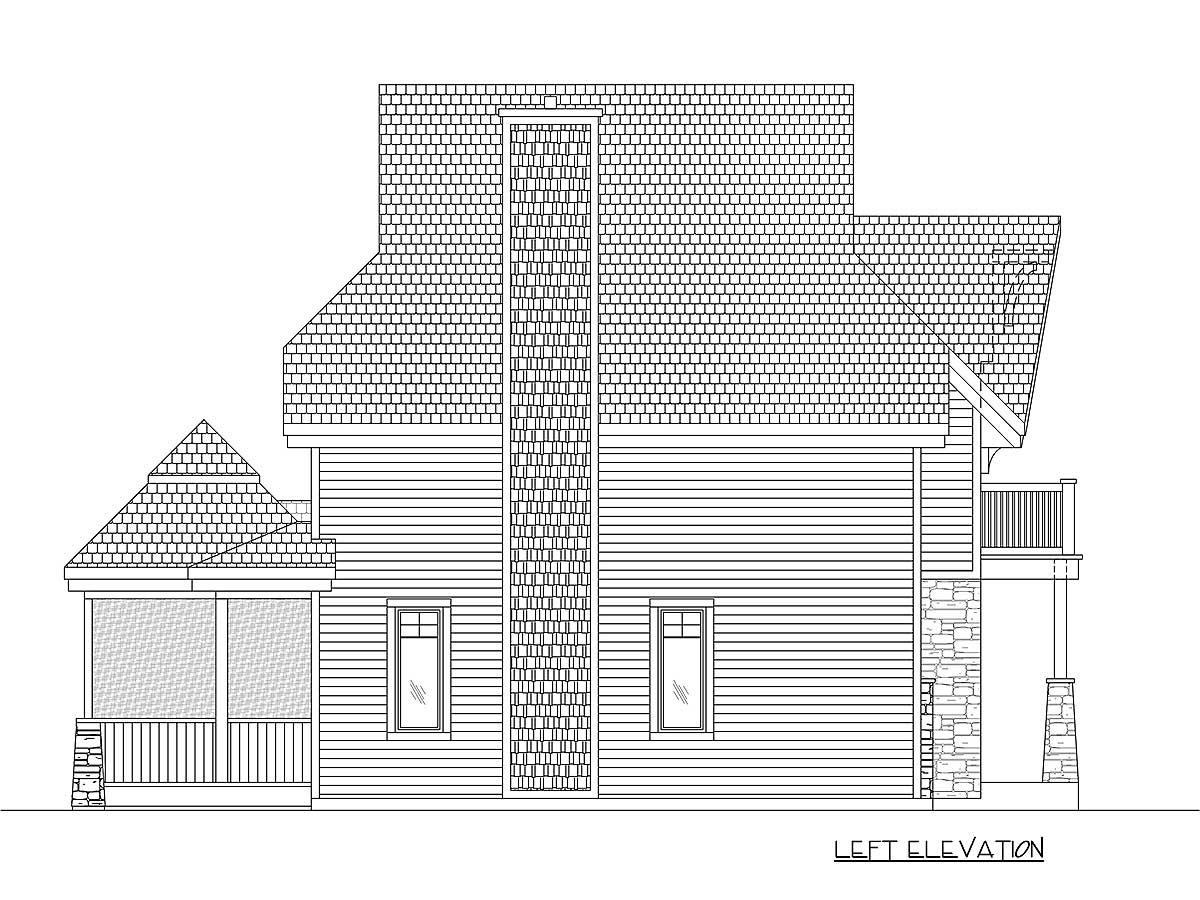 Left elevation house plan with a covered porch, shed dormer, gabled roof, and stone accents.