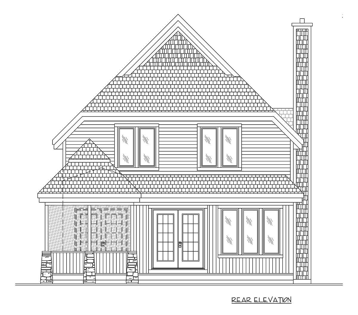 Rear elevation house plan with gabled roof, dormers, screened porch, double front doors, and large brick chimney.