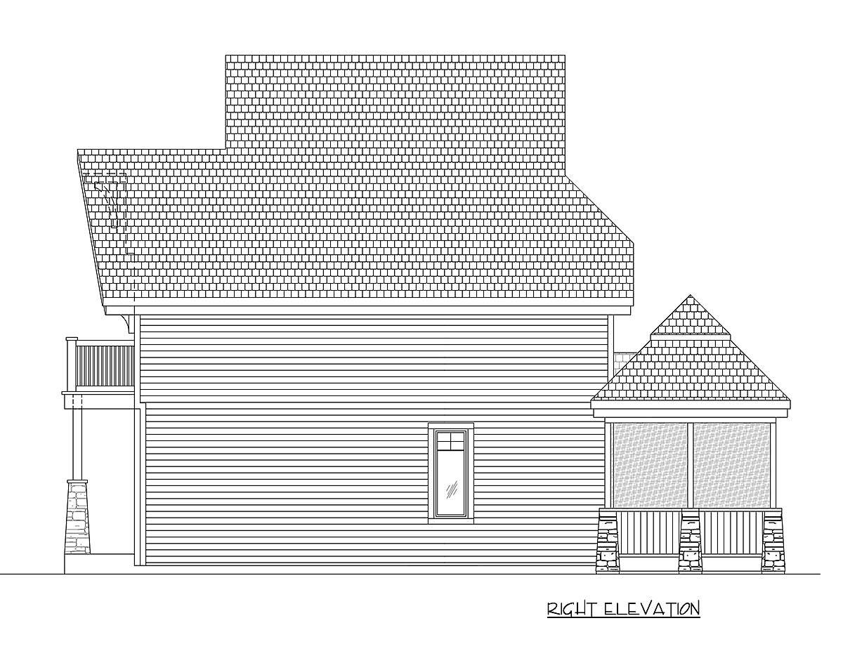 House plan right elevation showing a hip roof, siding, a porch with stone base, and a railing.