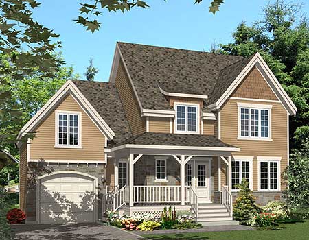 House plan exterior: Two-story home with a front-facing garage, covered porch, and prominent gables.