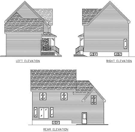 Architectural drawing showing left, right, and rear elevations of a two-story house plan with gabled rooflines and a covered porch.