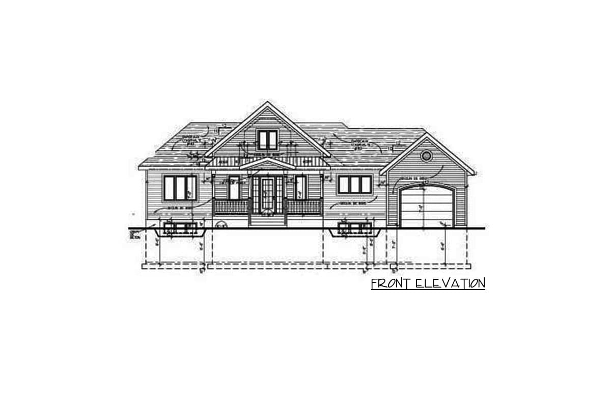 Front elevation drawing of a two-story house plan with a covered front porch and an attached garage.