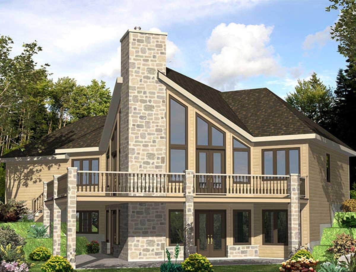 House plan exterior with stone chimney, large angled windows, and a wrap-around balcony.