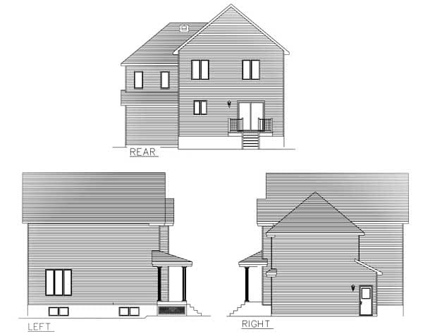 House plan elevations: rear view shows two stories, sliding door to deck. Left view shows covered porch. Right view shows side door.