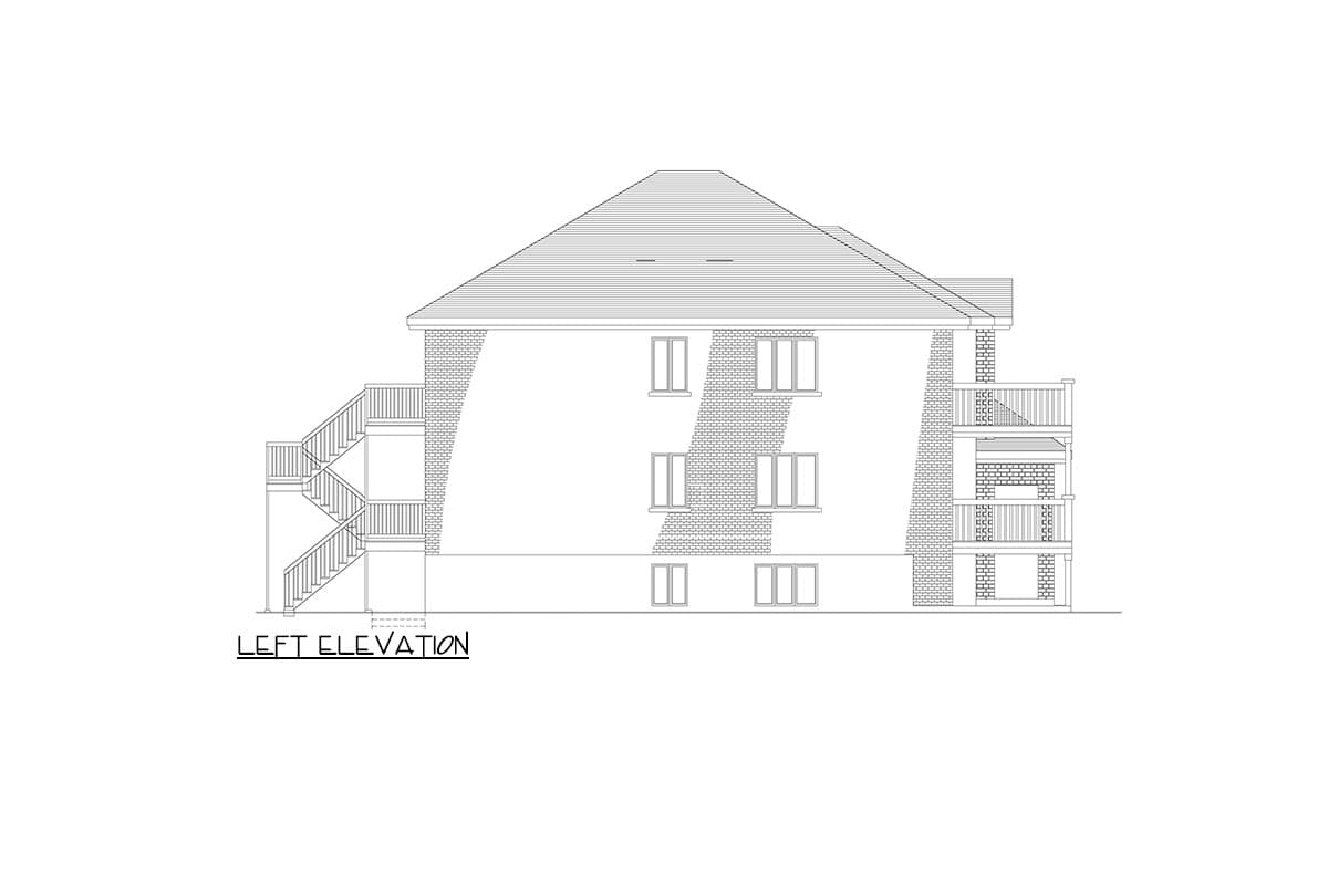 Left elevation drawing of a house plan showing a pitched roof, brickwork, multiple windows, and exterior staircases.