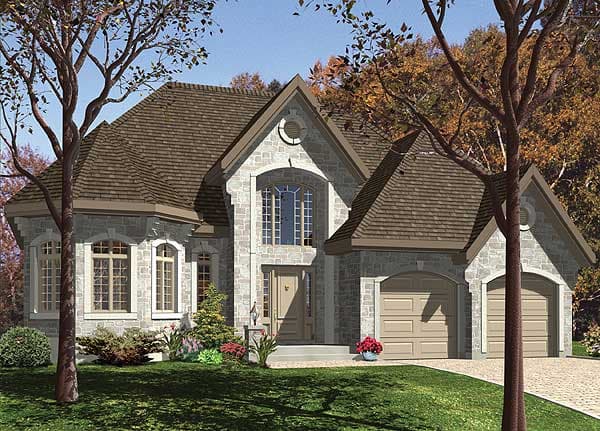 House plan exterior with stone facade, arched windows, dual garage doors, and a prominent gable with a circular dormer.