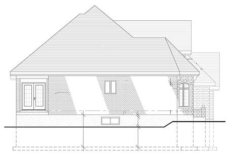 Side elevation drawing of a house plan showing brickwork, double doors, windows, and rooflines.