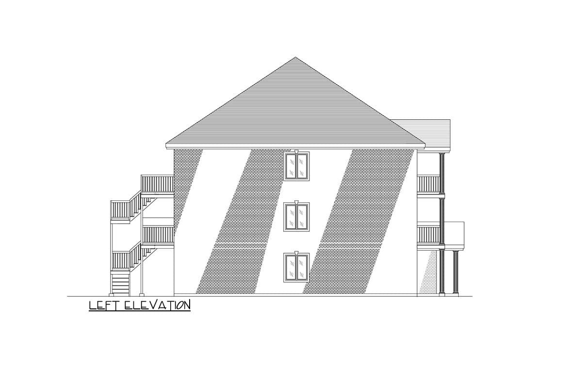 Left elevation drawing of a house plan showing three stories, brick exterior, multiple balconies, and exterior stairs.