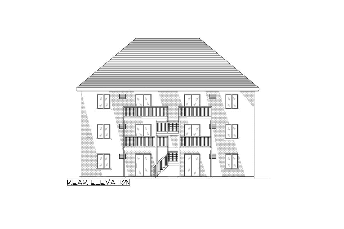 Rear elevation drawing of a three-story building with multiple balconies and a hipped roof.