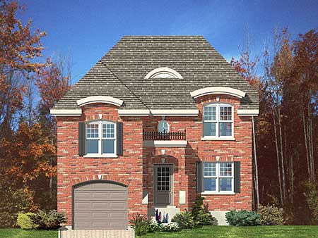 House plan exterior: two-story brick home with arched windows, prominent gables, dormer, and attached garage.