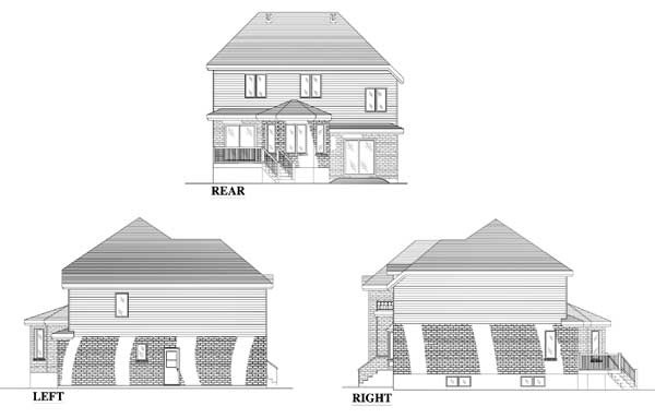 House plan rear, left, and right elevations showing a two-story home with gabled roof, horizontal siding, and brick base.