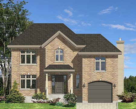 Two-story brick house plan with a prominent gable, covered entry porch, arched window, and attached garage.