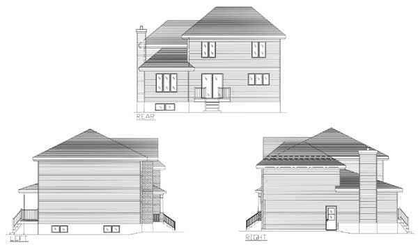 House plan exterior: Rear, left, and right elevations showing two stories, a pitched roof, chimney, and covered porch.