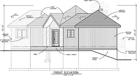 Front elevation house plan showing vertical siding, stone accents, concrete porch, and asphalt shingle roof.