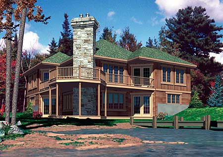 House plan exterior: Multi-story wooden home with prominent stone chimney, wraparound deck, and green shingled roof.