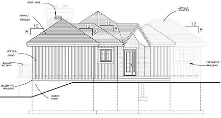 House plan elevation drawing showing vertical siding, asphalt shingles, a covered entry with decorative stone, and roof vents.