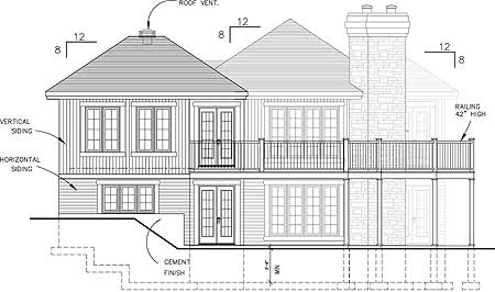 House plan exterior drawing showing two levels, gabled roof, double doors, and a deck with railing.