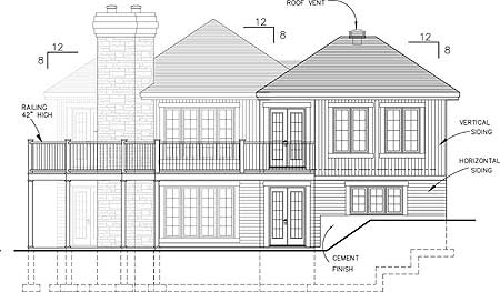 House plan rear elevation showing a two-story rear elevation with a large deck, multiple French doors, varied siding, and a prominent stone chimney.