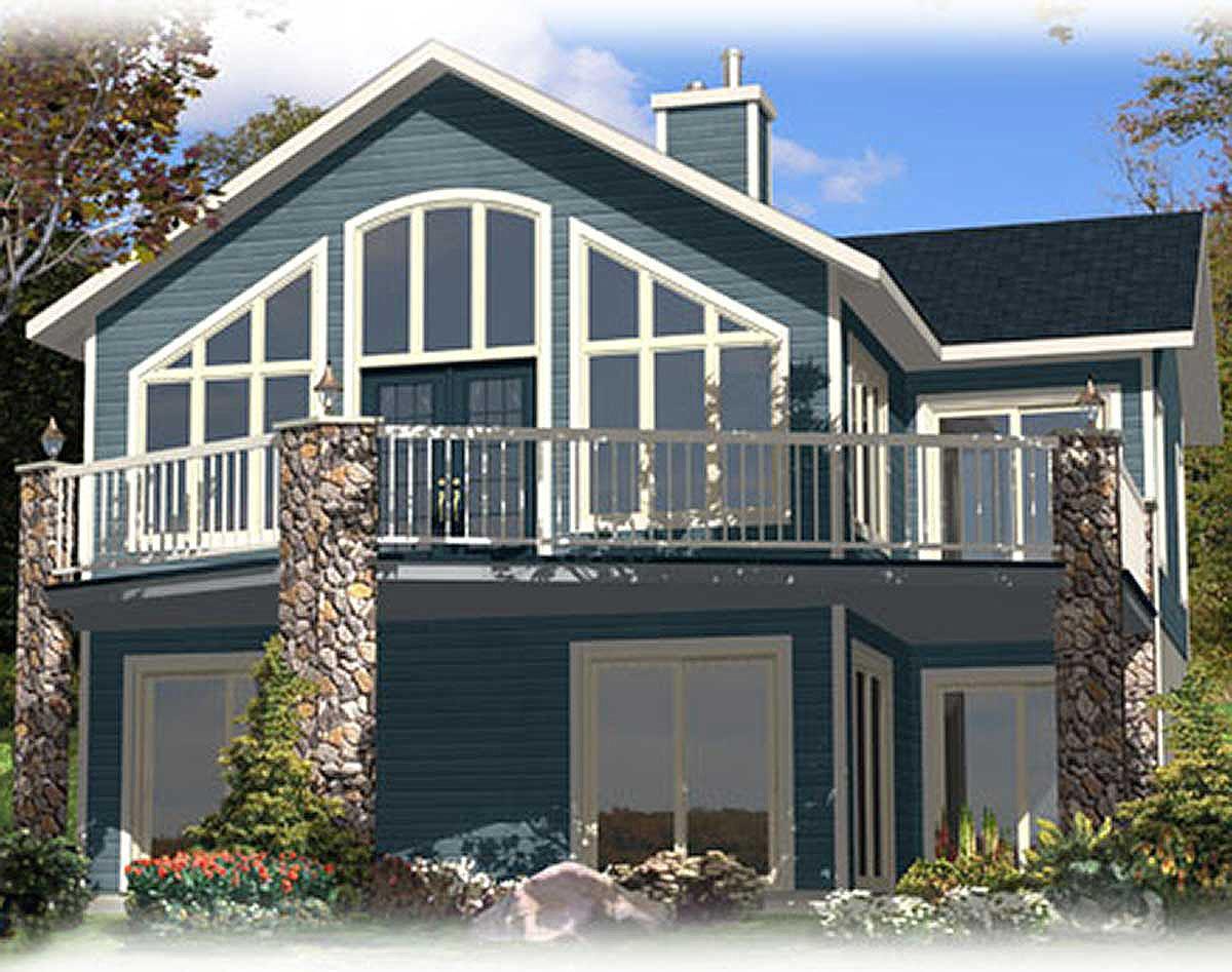 House plan exterior showing a two-story home with a gambrel roof, large arched windows, and a stone-accented deck.