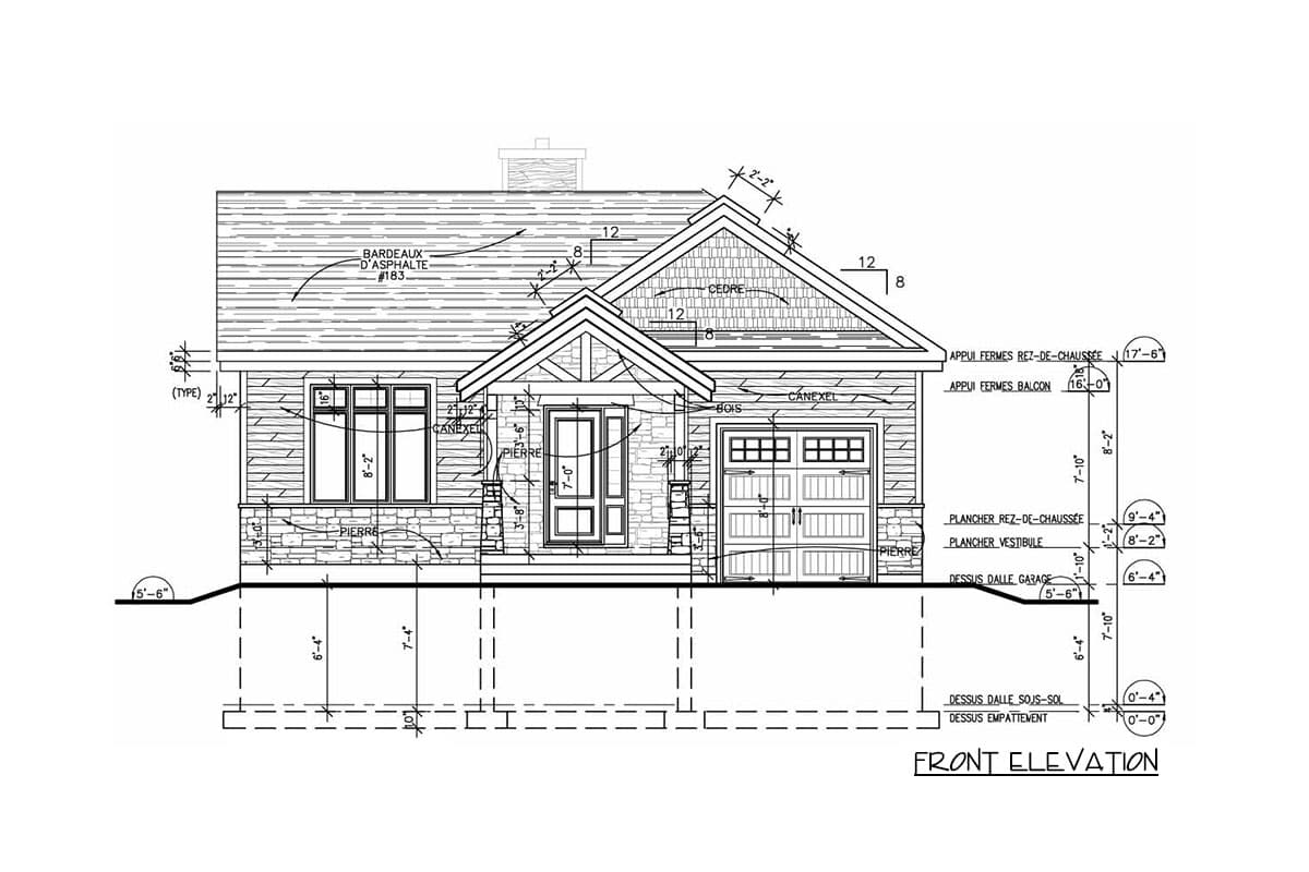 Front elevation house plan with gabled roof, stone base, siding, entry porch, and two-car garage.